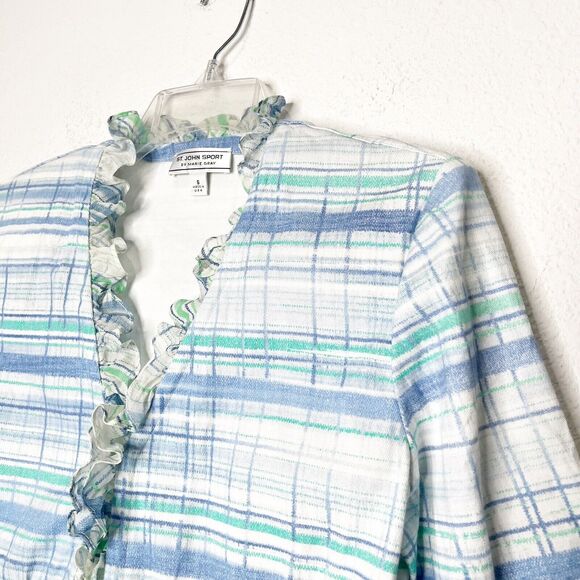St. John Vintage Ruffle Striped Plaid Ruffle Blazer Jacket Blue Old Money - Picture 2 of 14